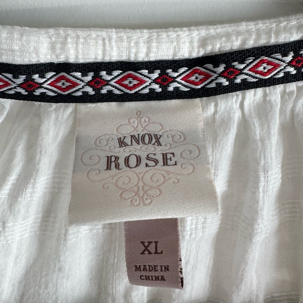 Knox Rose White Peasant Blouse XL Boho Puff Sleeve Tassel Top Flowy - Picture 2 of 4